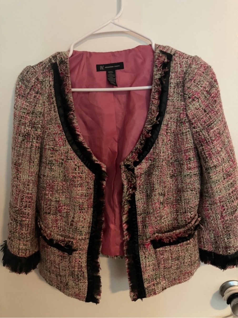 INC International Concepts Pink Tweed Fringed Open-Front Blazer